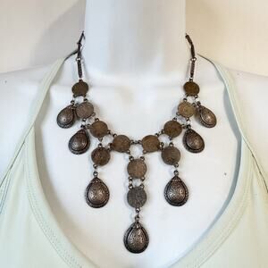 Silver Tone Metal Tear Drop Dangle Bib‎ Coin Necklace